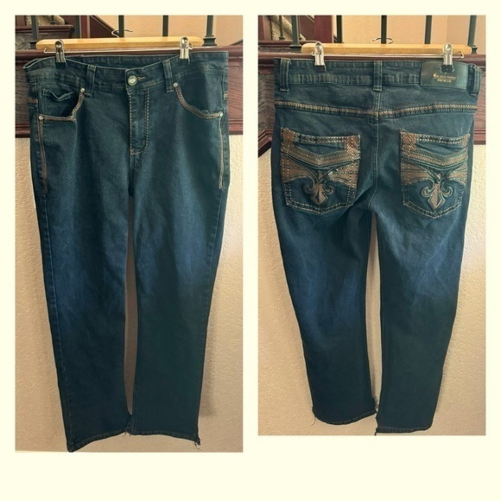 Golden Horse Premium Denim Western Embroidered FLEUR DE LI Cowboy Jeans 34 X 30